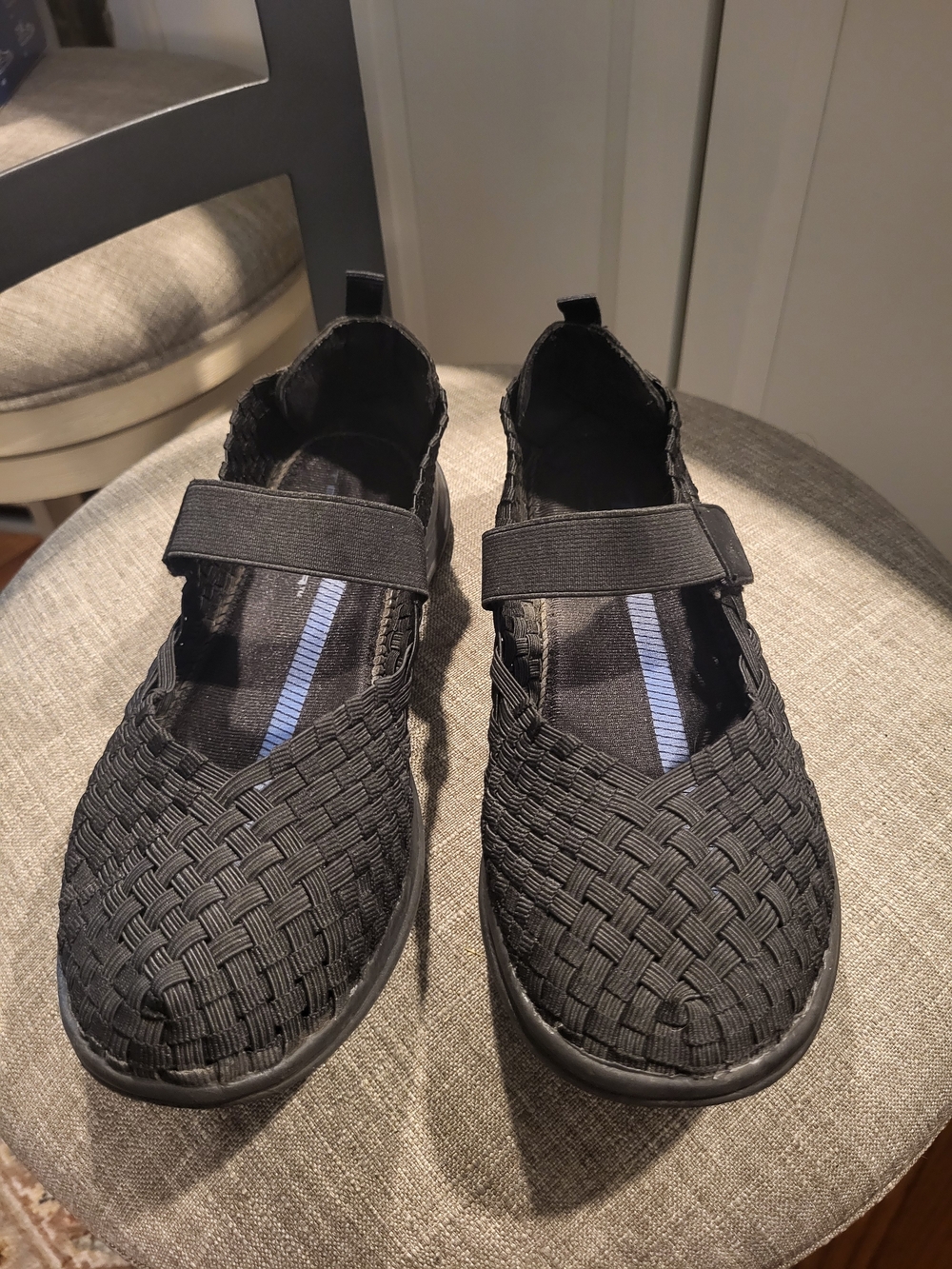 Tek gear Black Woven Mary Jane Flats with Blue Insole Stripe